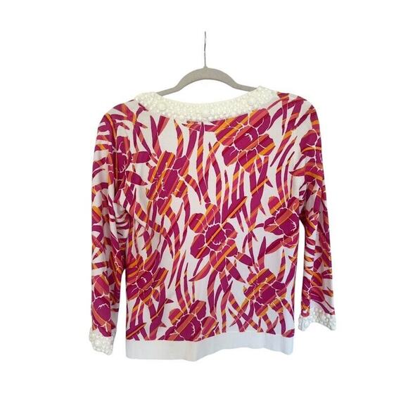 Michael Simon Beaded Pink White Cardigan Sweater Floral Beach Cruise Medium - Picture 5 of 9